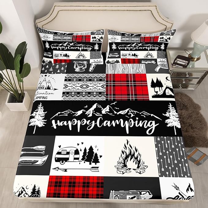Camping Camper Bed Sheet Set King Size,RV Inside Decor Rustic Patchwork Deep Pocket Fitted Sheet,1 Flat,2 Pillowcases,Farmhouse Lodge Hunting Red Checkered Bed Mattress Cover, Bedroom Decor