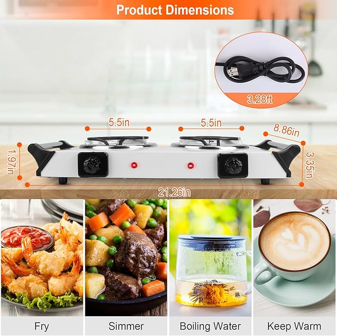 Hot Plate, 2000W Portable Electric Stove for Cooking with Stay Cool Handles & 5 Levels Adjustable Temperature, Countertop Double Coil Burner for Home RV Camp Compatible for All Cookwares,White