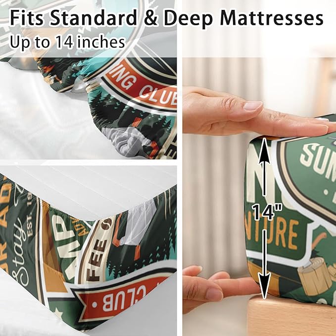 Full Size Bed Sheet Sets, Colorful Summer Camp Soft Microfiber 4 Pcs Bedding Sets for Kids and Adults Bedroom Bed Decor, Rv Camping Bear Flat, Fitted Sheet and 2 Pillowcases