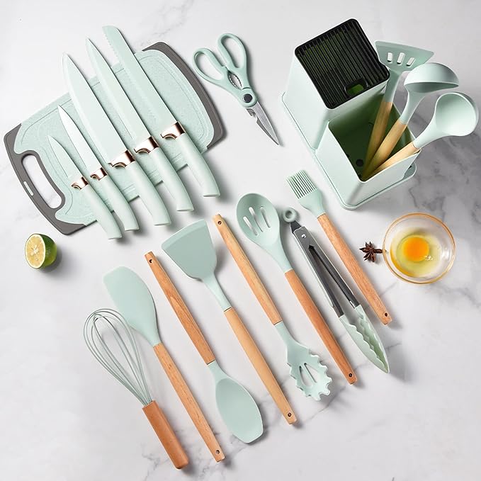 19-Piece Cooking Utensils Set Spatulas Knives Silicone Green