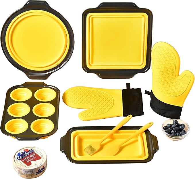 8-Piece Silicone Nonstick Bakeware Set with Oven Mitts Yellow