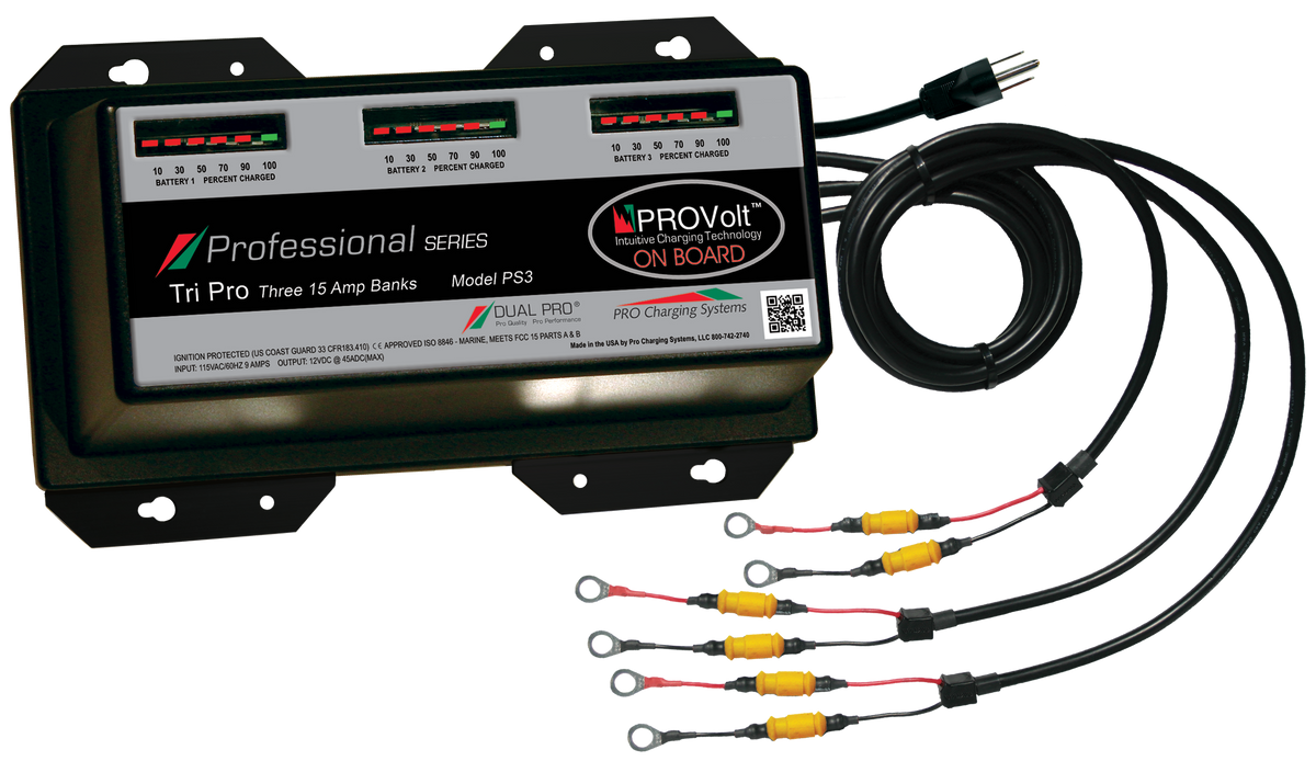DualPRO PS3 Professional Series 3-Bank 45A (3 x 15A) 12V/36V Marine Battery Charger
