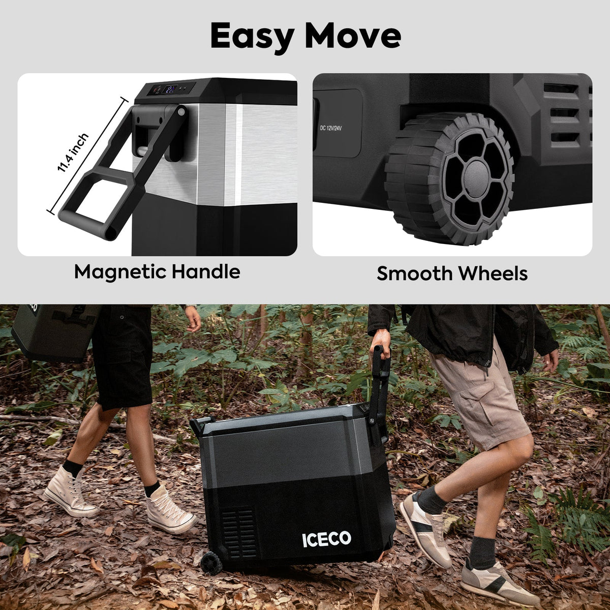 ICECO JP50 Pro being rolled across a campsite on its wheels