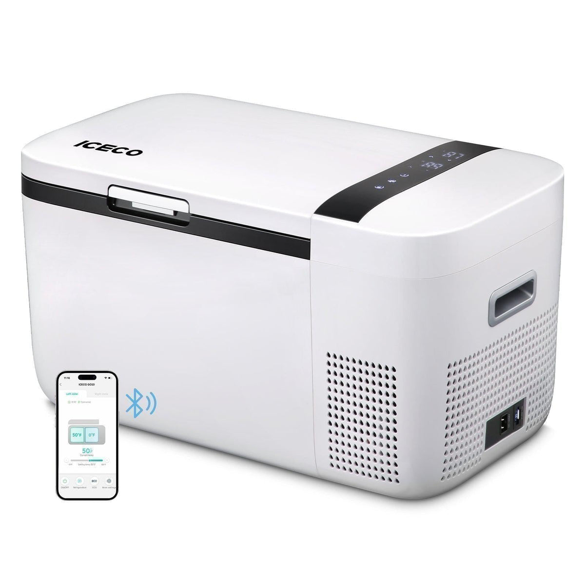 ICECO GO20 dual zone portable fridge freezer in white with the ICECO app on a phone