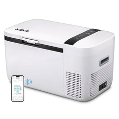 ICECO GO20 dual zone portable fridge freezer in white with the ICECO app on a phone