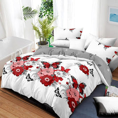 Queen Duvet Cover Set 4-Piece Boho Red Floral Microfiber