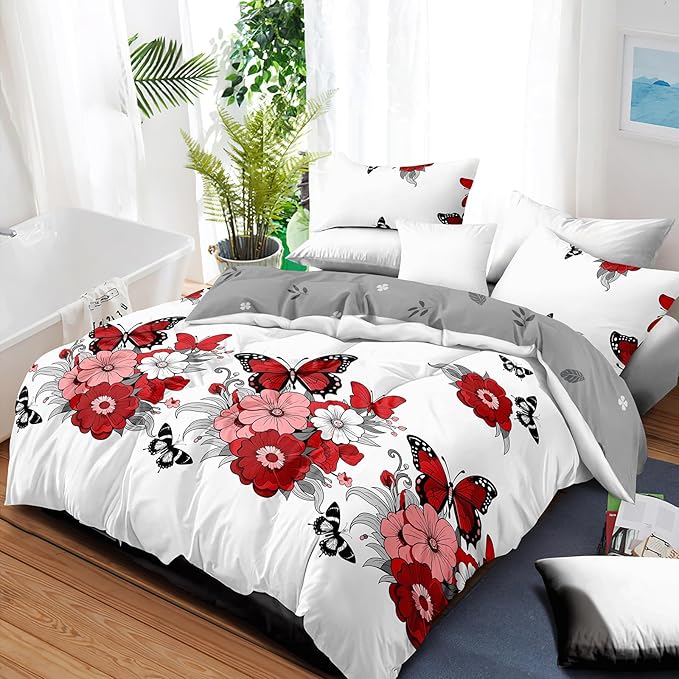 Queen Duvet Cover Set 4-Piece Boho Red Floral Microfiber