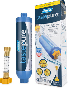 Camco TastePURE KDF/Carbon RV Water Filter with Hose Protector
