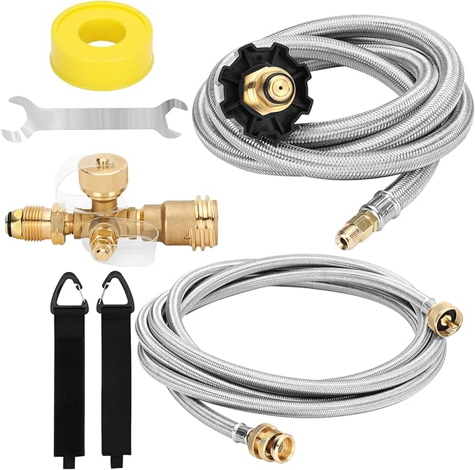 Propane Brass Tee 4-Port Adapter Kit 5ft & 12ft Hoses RV
