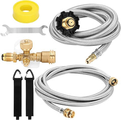 Propane Brass Tee 4-Port Adapter Kit 5ft & 12ft Hoses RV