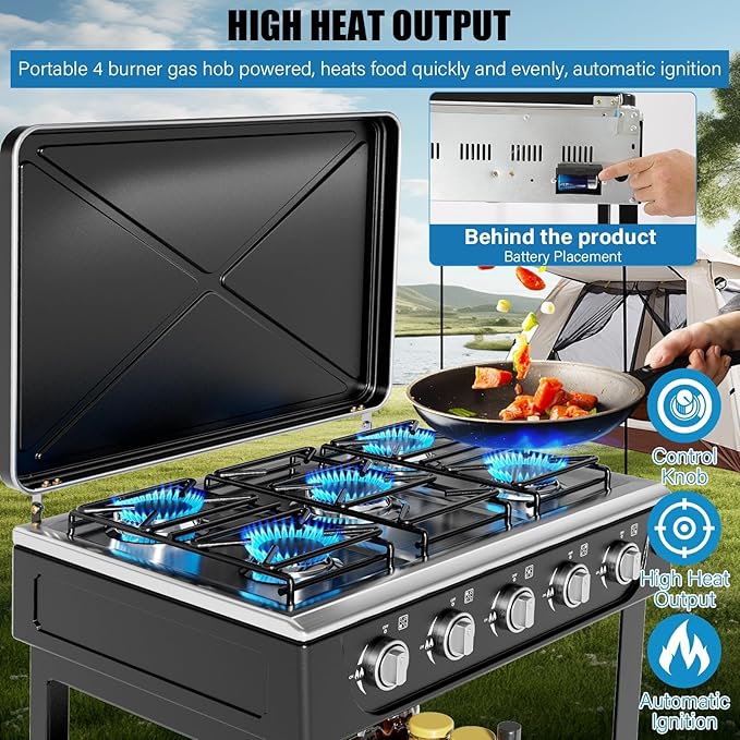 5-Burner Propane Camping Stove Auto Ignition with Stand