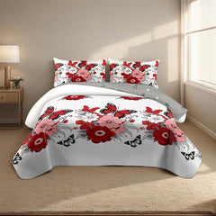 Queen Duvet Cover Set 4-Piece Boho Red Floral Microfiber