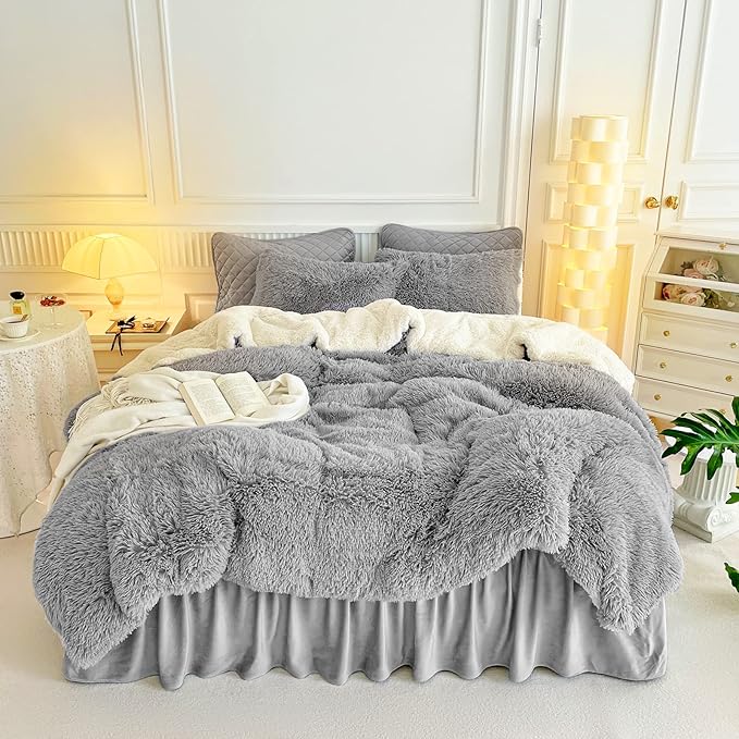 Gray Faux Fur Shaggy Comforter Set Full/Queen 3-Piece