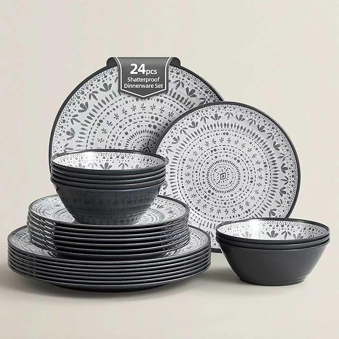 Bohemia Gray Melamine Dinnerware Set 24-Piece for 8