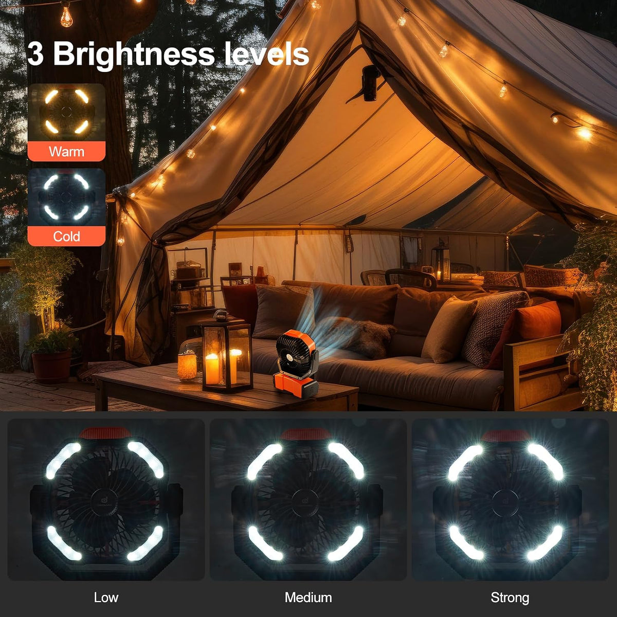 Oscillating camping fan with lantern