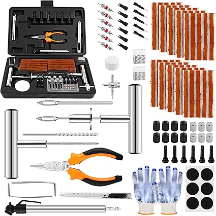 Solid Stainless Steel Tire Repair Kit- 110 PCS Tire Repair Tool with Plugs for Emergencies Quick Puncture Fixing for Cars Truck RV Jeep ATV Motorcycle Flat Tire Repair(include White Vaseline)