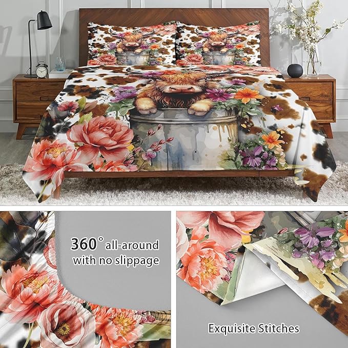 Twin Sheet Set 3-Piece Cute Highland Cow Print