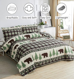 Rustic Cabin Quilt Bedspread 3-Piece Brown Bear Pine Tree Queen