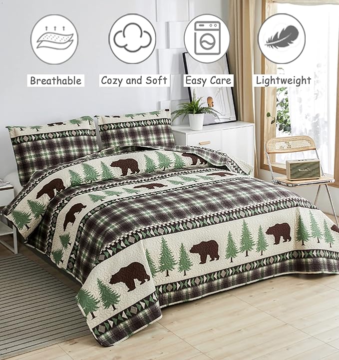 Rustic Cabin Quilt Bedspread 3-Piece Brown Bear Pine Tree Queen