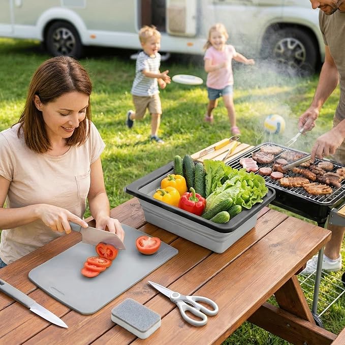 7-in-1 Camping Cutting Board Set with Knife & Basket