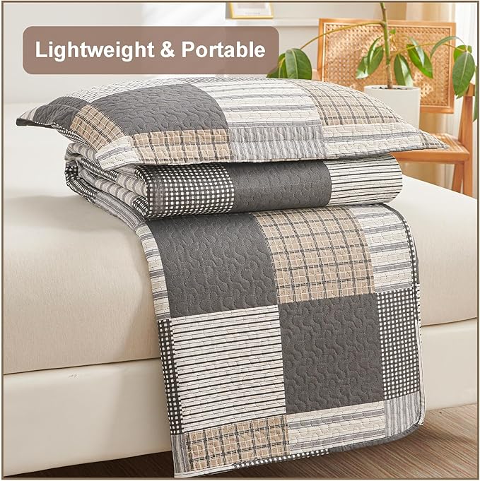 Brown Black Plaid King Quilt Bedspread 3-Piece Patchwork