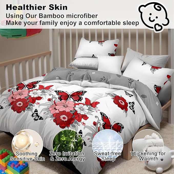 Queen Duvet Cover Set 4-Piece Boho Red Floral Microfiber