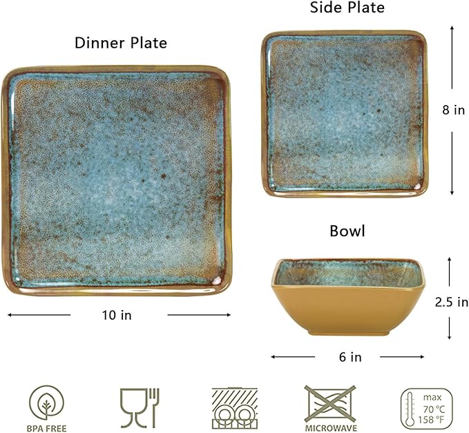 Square Melamine Dinnerware Set 12-Piece for 4 BPA Free