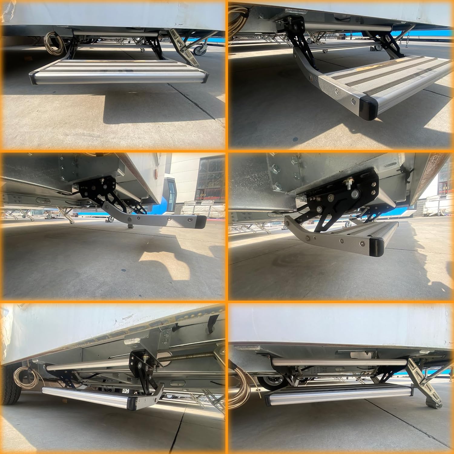 Manual single RV step mounted under camper door