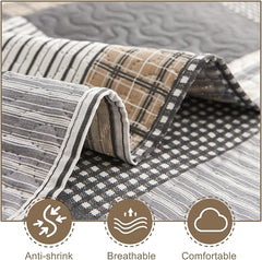 Brown Black Plaid King Quilt Bedspread 3-Piece Patchwork