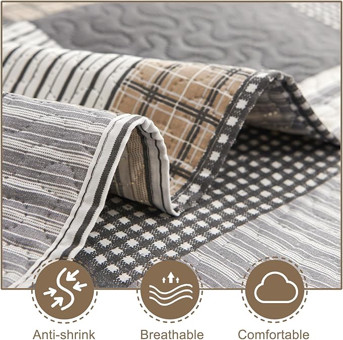 Brown Black Plaid King Quilt Bedspread 3-Piece Patchwork
