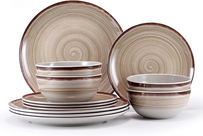 Melamine Dinnerware Set for 4 12-Piece Plates & Bowls Brown