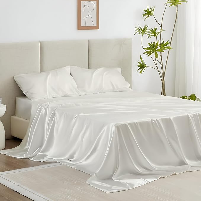 Silk Satin Short Queen Sheet Set 4-Piece Deep Pocket Ivory