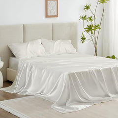 Silk Satin Short Queen Sheet Set 4-Piece Deep Pocket Ivory