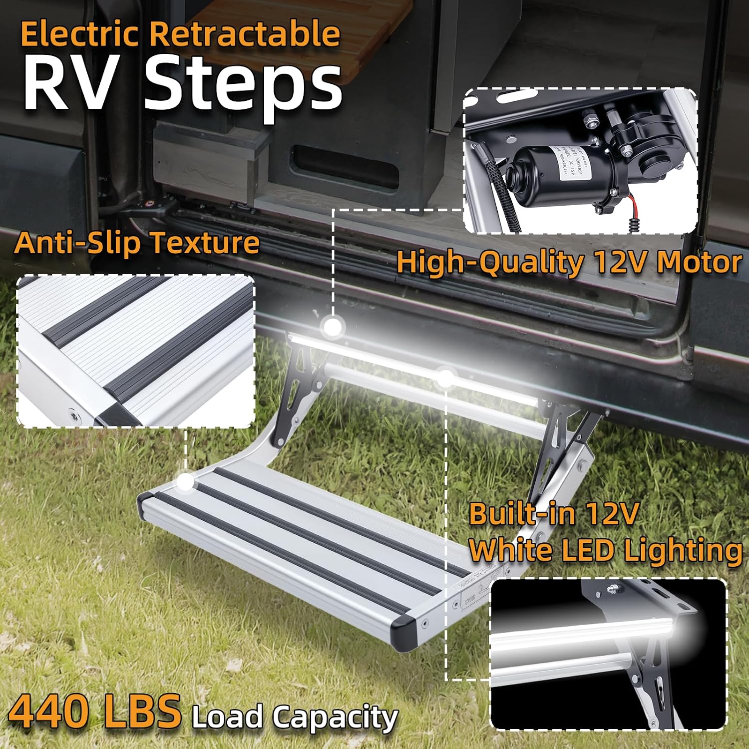 Electric RV step anti-slip tread detail