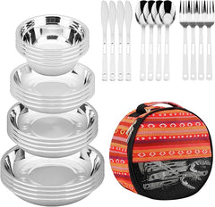 Camping Mess Kit 28-Piece Dinnerware Set Plates Bowls Utensils