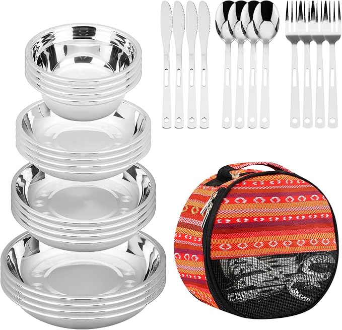 Camping Mess Kit 28-Piece Dinnerware Set Plates Bowls Utensils
