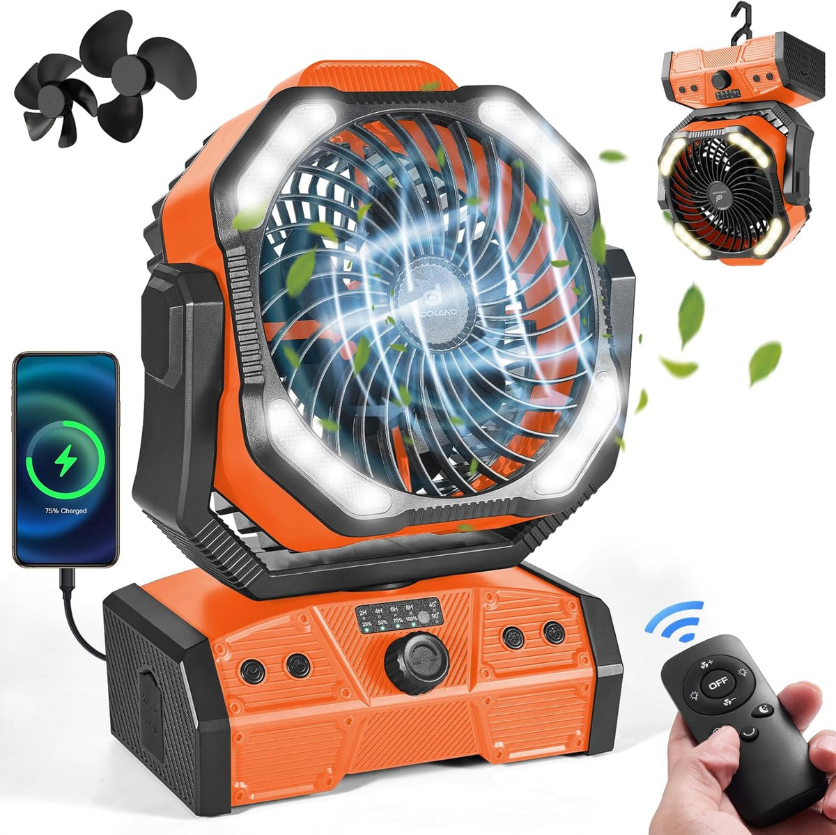 Oscillating camping fan with lantern