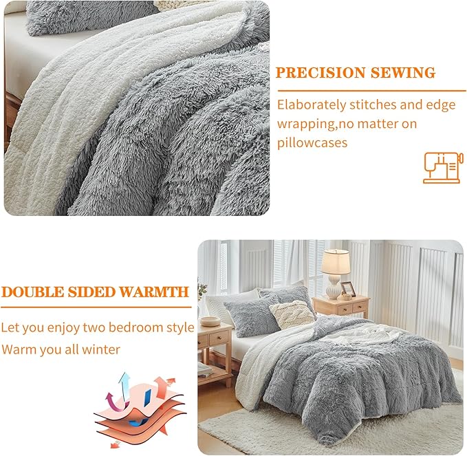 Gray Faux Fur Shaggy Comforter Set Full/Queen 3-Piece