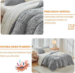 Gray Faux Fur Shaggy Comforter Set Full/Queen 3-Piece