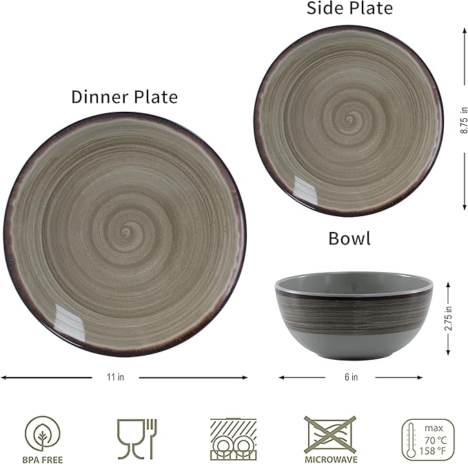 Melamine Dinnerware Set for 4 12-Piece Plates & Bowls Brown