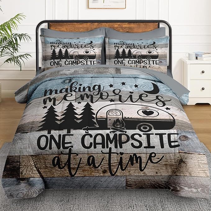 Queen Comforter Set 7-Piece Retro Wood Camp Bedding