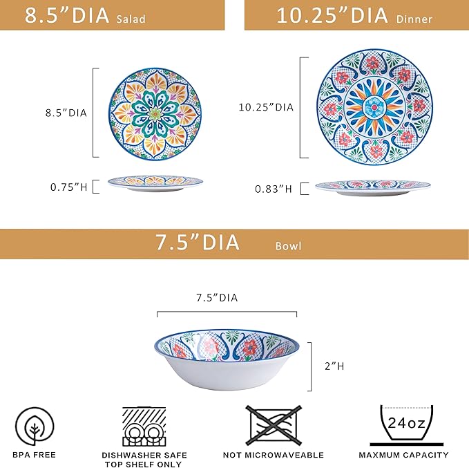 Paisley Melamine Dinnerware Set 18-Piece for 6 Spanish Floral