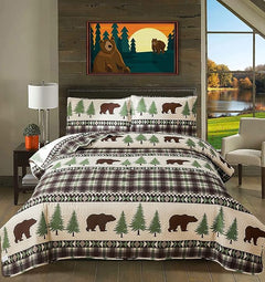 Rustic Cabin Quilt Bedspread 3-Piece Brown Bear Pine Tree Queen