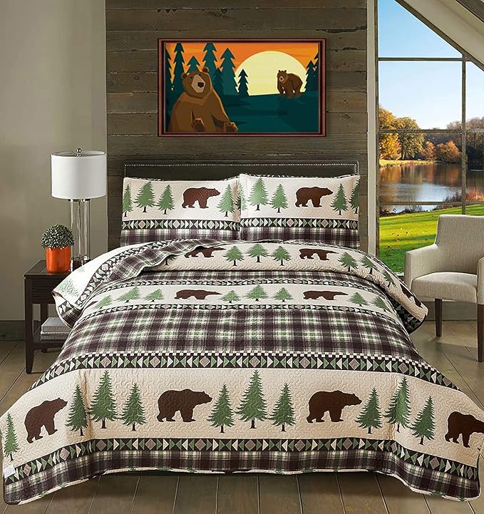 Rustic Cabin Quilt Bedspread 3-Piece Brown Bear Pine Tree Queen