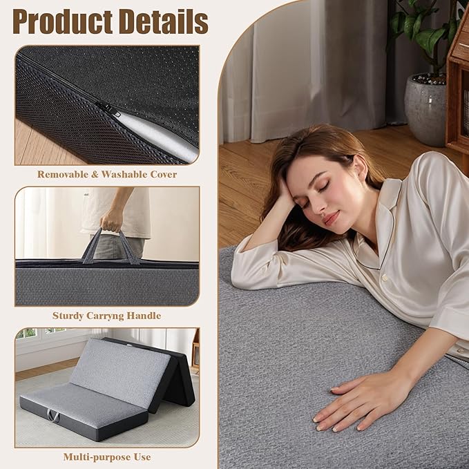 Trifold Mattress King Size 6 Inch - Foldable Memory Foam Mattress for Camping, Travel, RV, Guest Bed & Yoga - No Slip Bottom, Washable Cover with Handles - Portable Folding Floor Cushion 80"x76"x6"