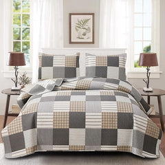 Brown Black Plaid King Quilt Bedspread 3-Piece Patchwork