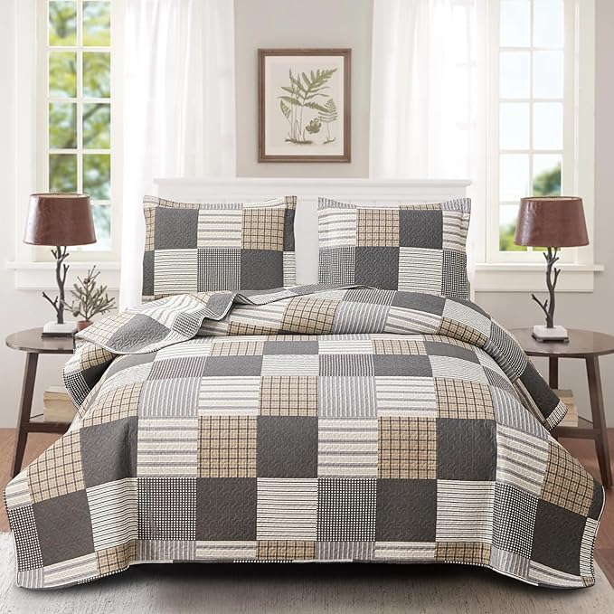 Brown Black Plaid King Quilt Bedspread 3-Piece Patchwork