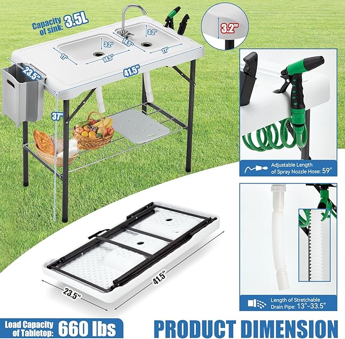 Portable Fish Cleaning Table with Dual Sinks Faucet & Sprayer