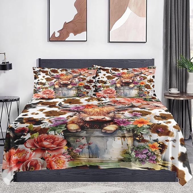 Twin Sheet Set 3-Piece Cute Highland Cow Print