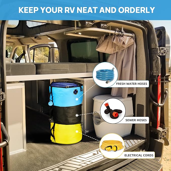 RV Hose Storage Bag of 3 Pack, Camper Accessories for Outside, Rubber Identification Tags for Fresh/Black Water Sewer Hoses Electrical Cords & Accessories, 3 Colors of RV Equipment Storage Utility Bag
